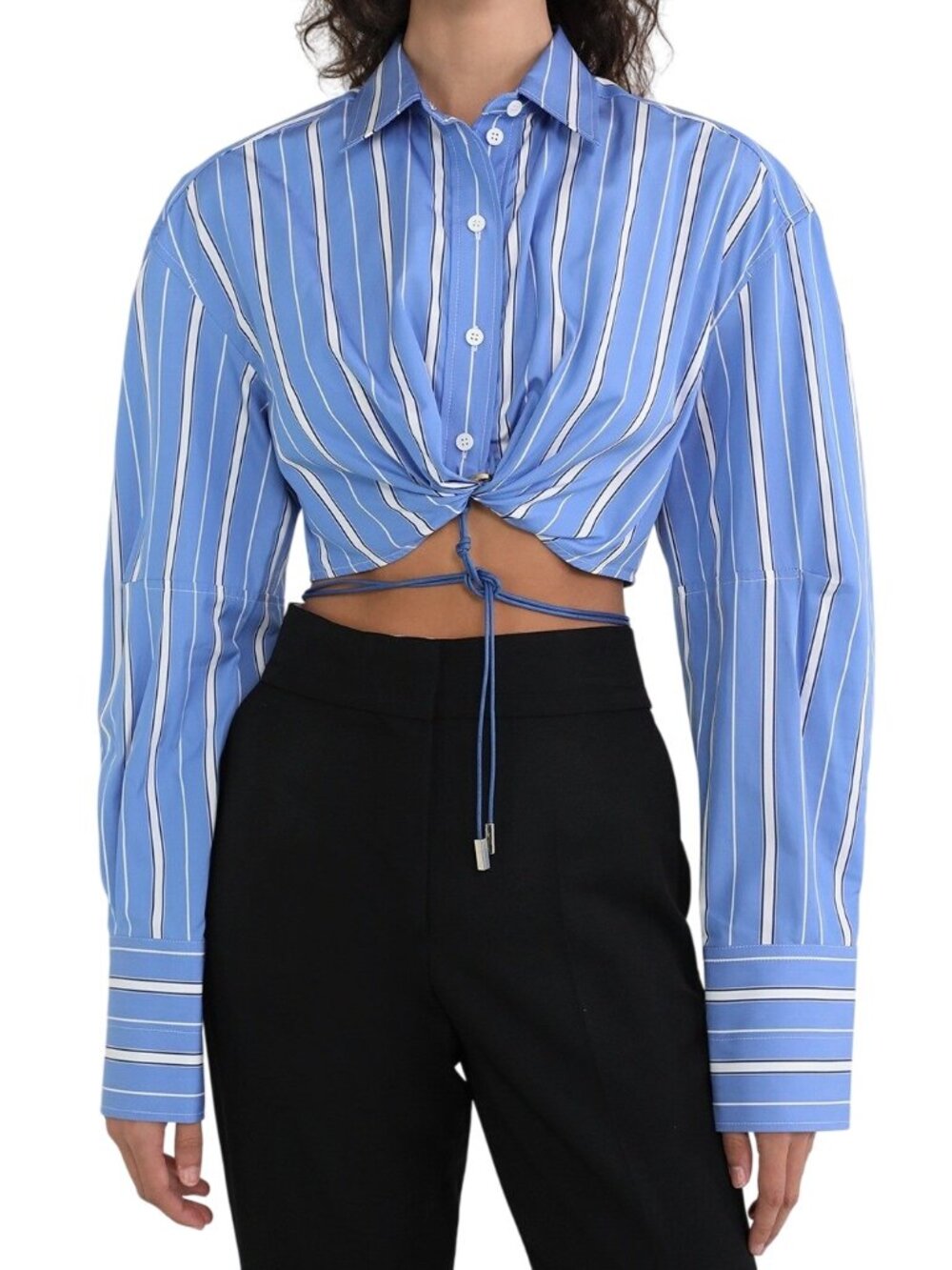 Jacquemus La Chemise Plidao Shirt Striped Cropped Tie Waist Blue White 38